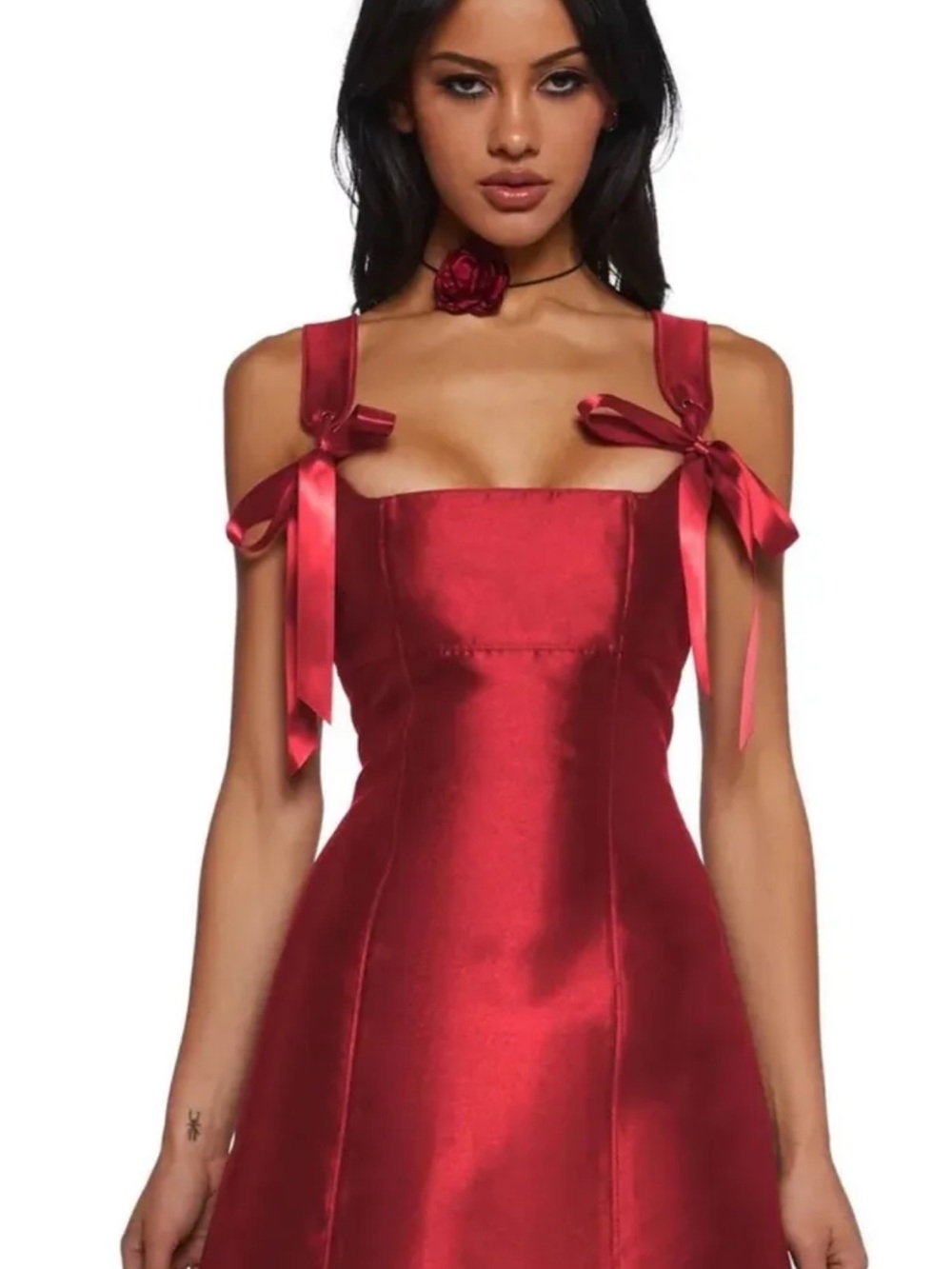 Red Satin Tie-Shoulder A-Line Dress